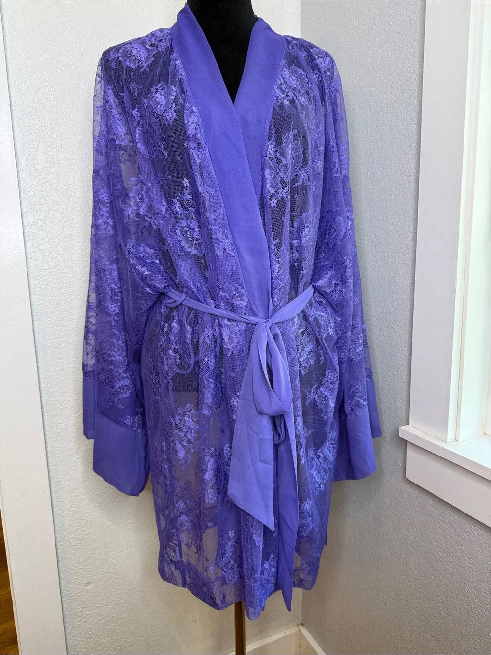 Cacique Purple Floral Lace Sheer Kimono Robe Belted Plus Size 22/24 Lingerie